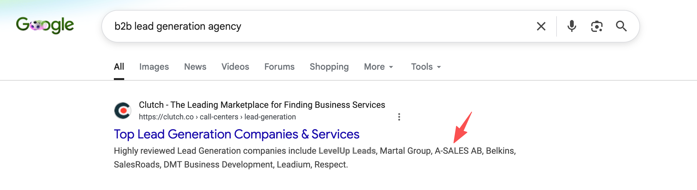 Google result for b2b lead generation agency naming A-SALES AB in the top Clutch listing