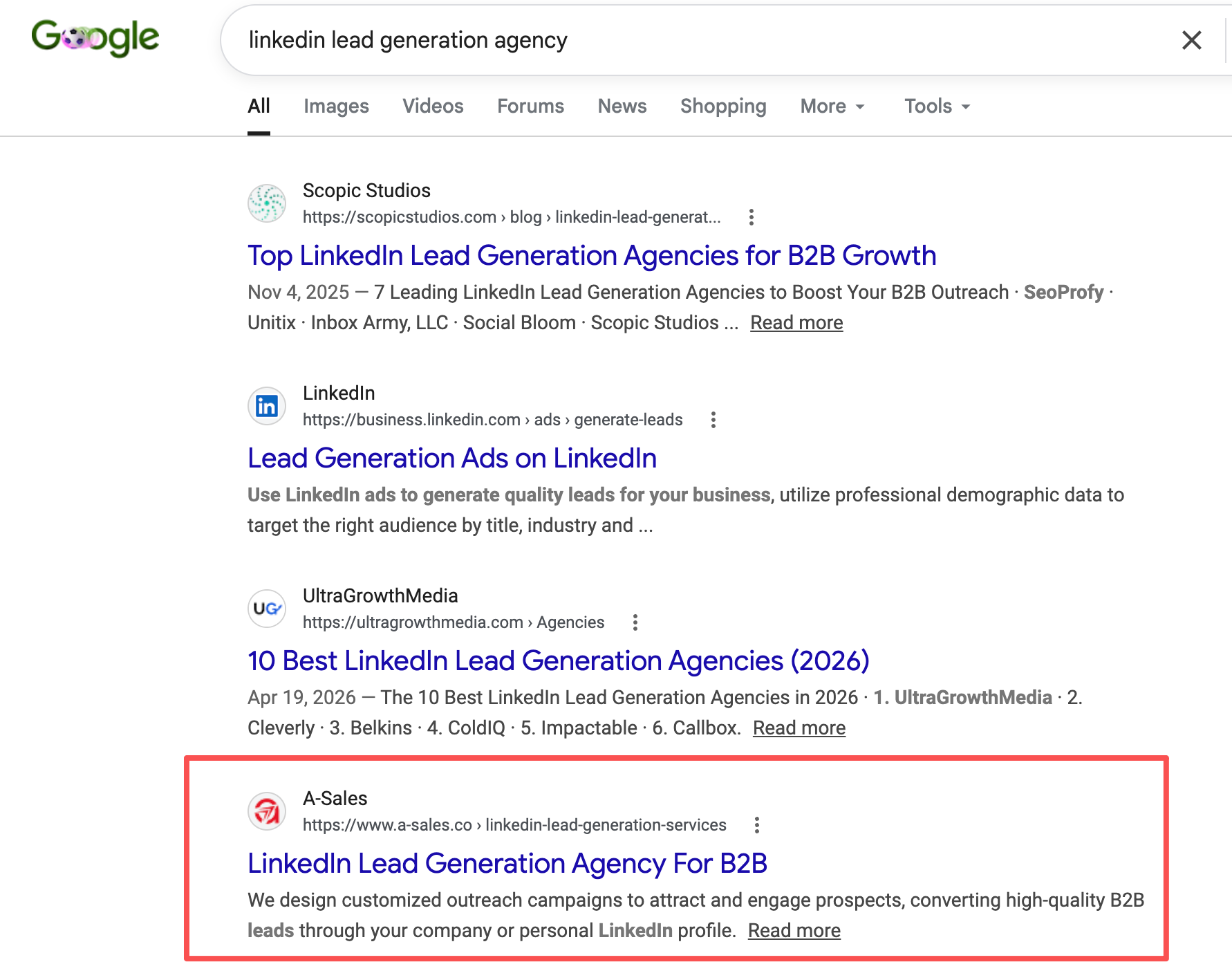 Google results for linkedin lead generation agency showing a-sales.co on page 1